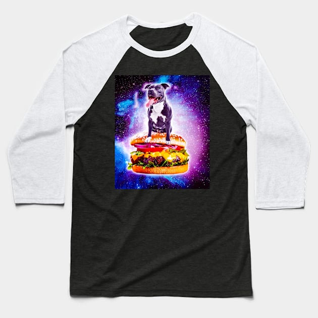 Outer Space Galaxy Dog Riding Burger Baseball T-Shirt by Random Galaxy